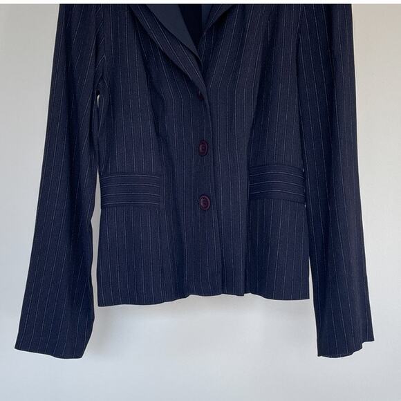 Vtg 90s Blue Pin Striped Fitted Blazer Jacket ALL THAT JAZZ Office Siren Sz 9/10 - Picture 3 of 8